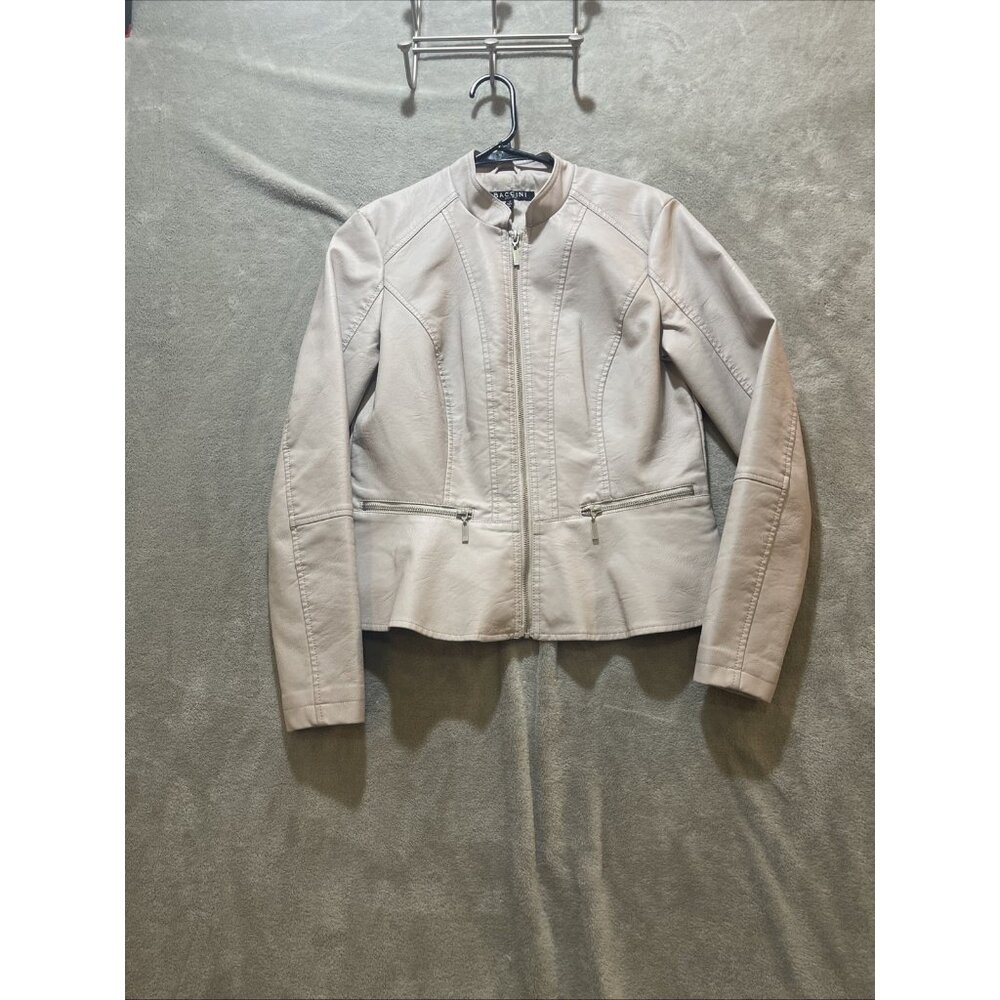BACCINI Zip Taupe/ Purple Faux Leather Moto Jacket With Peplum‎ Detail Women S